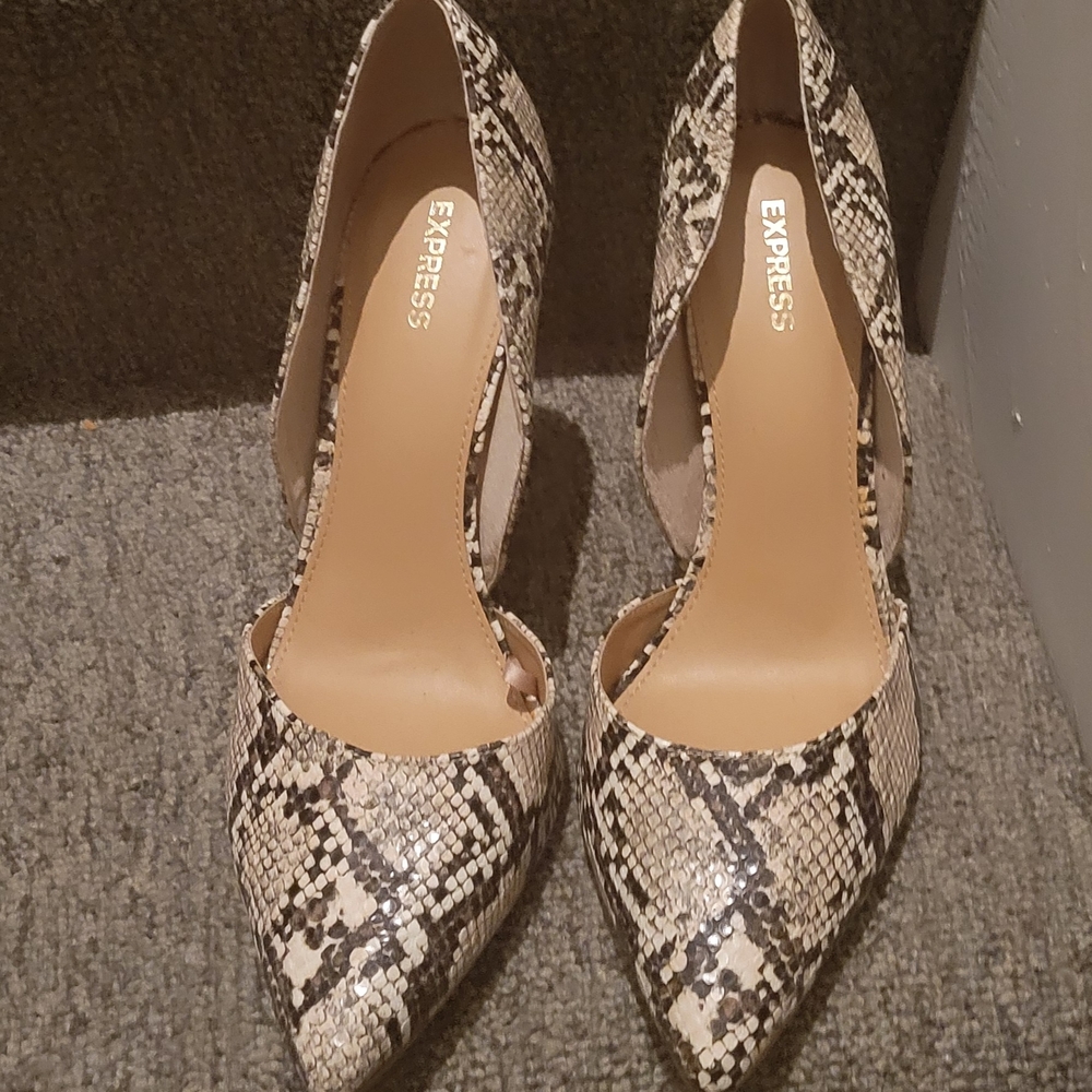Express Black and Cream Snakeskin Heels